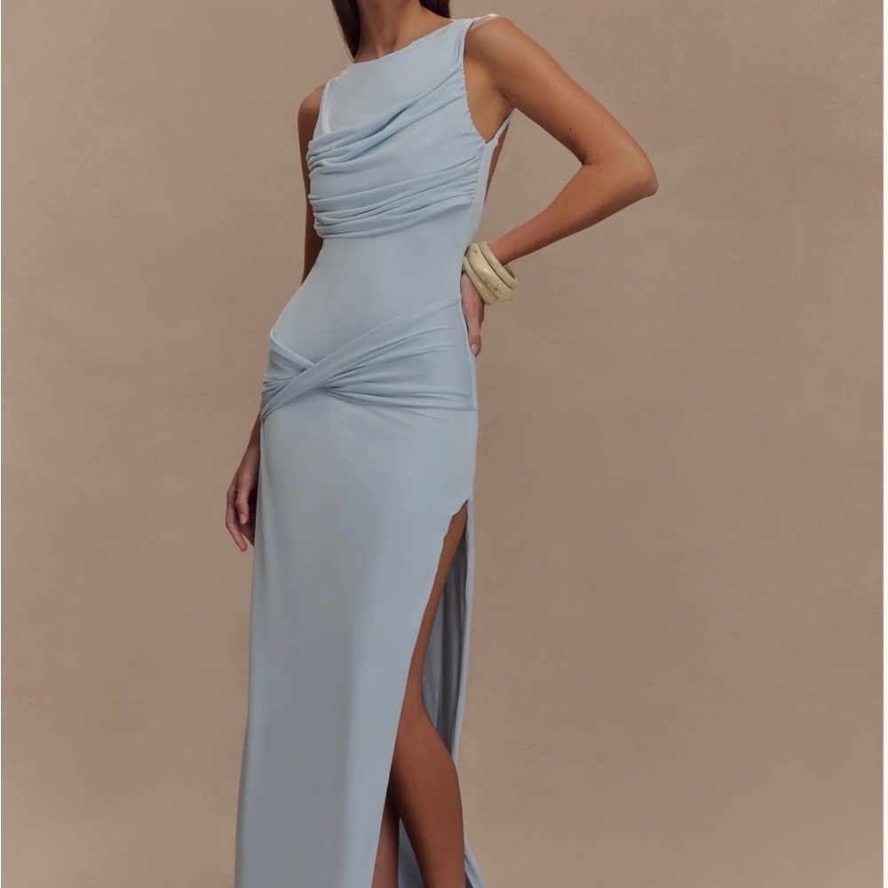 Meshki Powder Blue Draped Maxi Dress with Side Slit